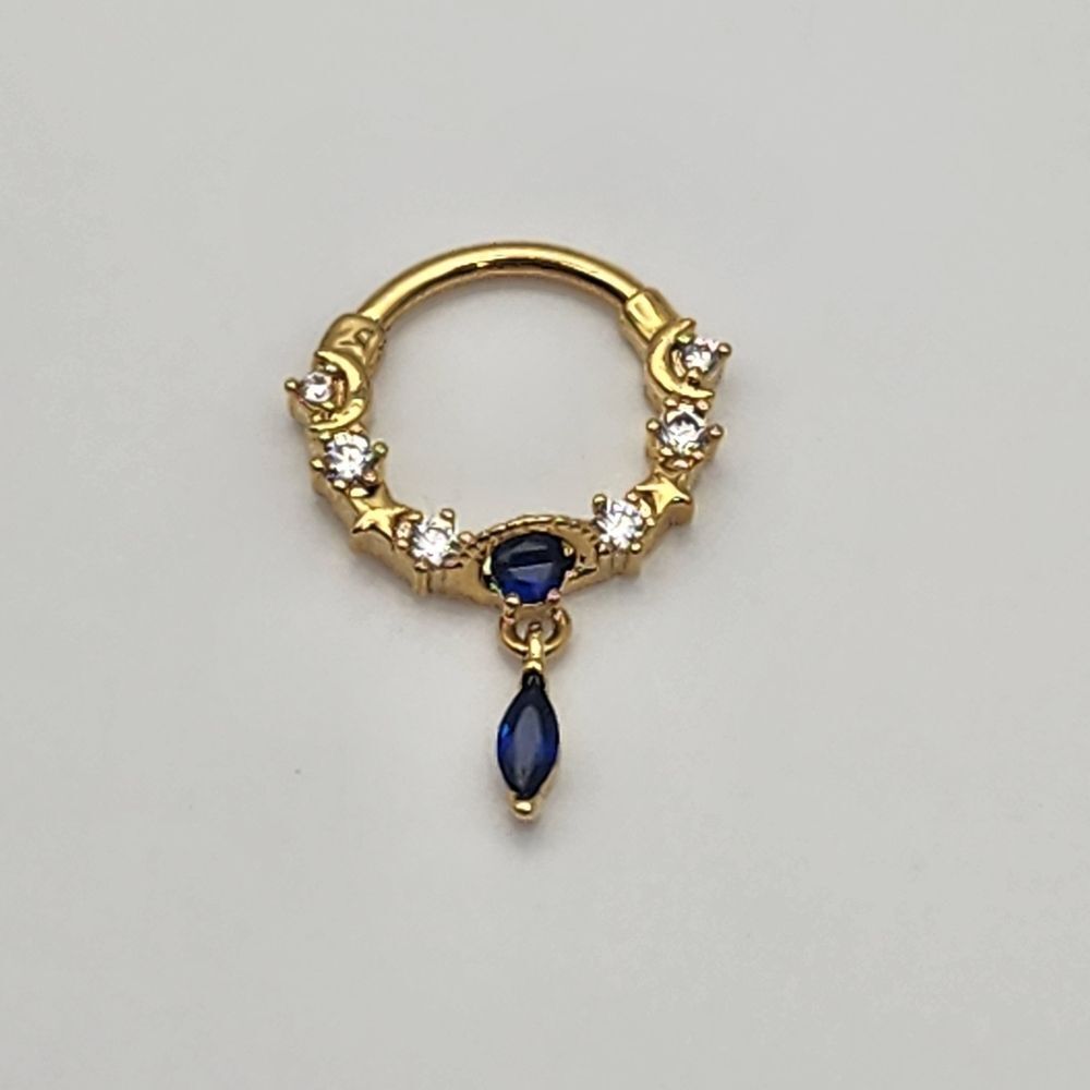 Gold Tone Stainless Steel Moon & Stars Blue & CZ Septum Clicker Nose Ring - Picture 4 of 5
